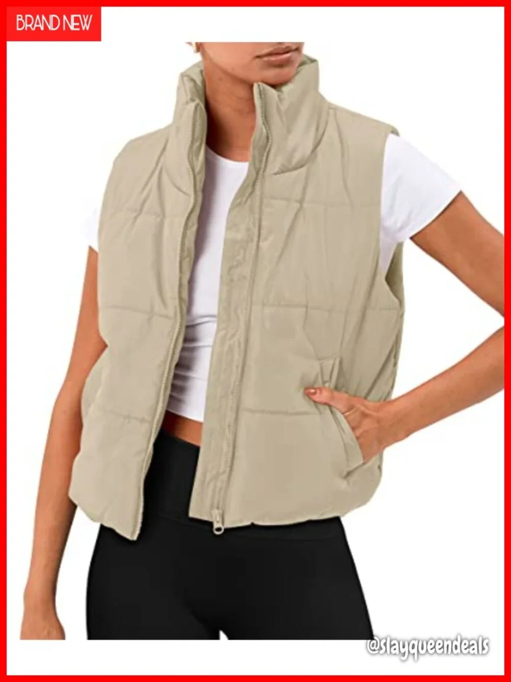Cropped Puffer Vest Lightweight Quilted Down Vest Stand Collar Zip Pockets